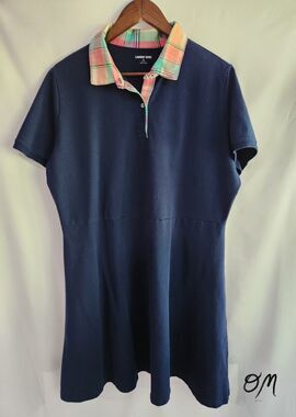 Lands' End Navy Pink Plaid Collar Midi Short Sleeve T-Shirt Dress - Size 1X